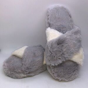 Grey White Fuzzy Cross Band Slippers S (5-6) NIP